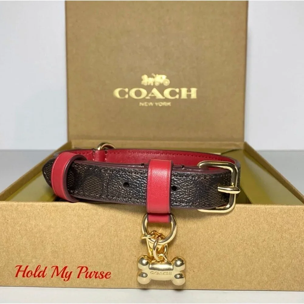 Coach Dog Collar + AirTag Brown Red Small Signature C w/ Apple Tag Tracker - Picture 5 of 11